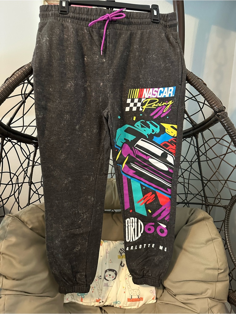 Nascar Black Sweatpants with Neon Racing Graphic and Purple Drawstring